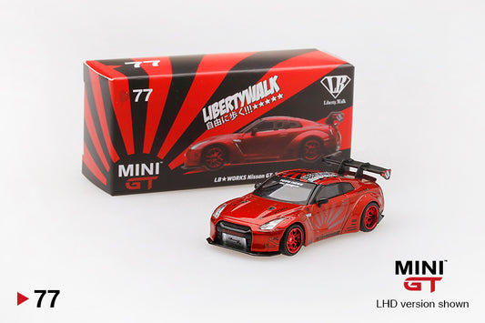MINI GT 77 LB Works Nissan GT-R R35 Candy Red – Model 1:64 cu design agresiv și detalii autentice de tuning japonez