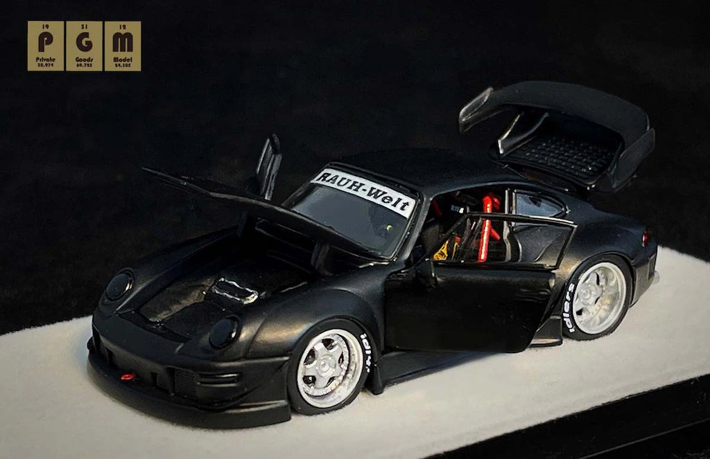 PGM - RWB 993 Matte Black – mașinuță premium 1:64 cu design agresiv și detalii autentice de tuning japonez

