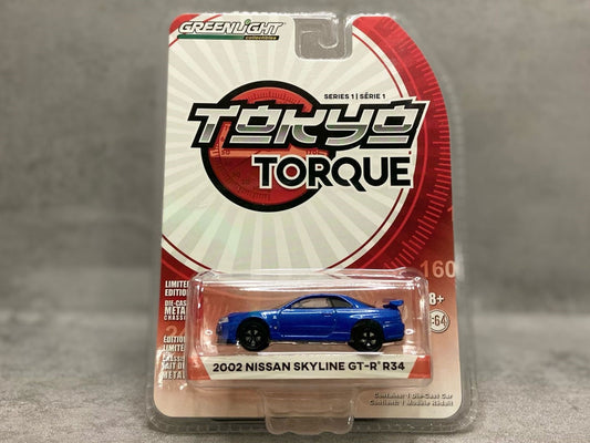Greenlight Tokyo Torque 2002 Nissan GT-R R34 – mașinuță JDM 1:64 cu stil iconic

