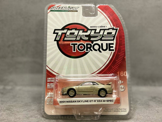 Greenlight Tokyo Torque Nissan GT-R R34 M-Spec – mașinuță JDM 1:64 cu roți din cauciuc

